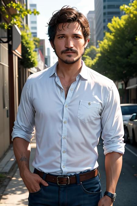 00449-1570575713-portrait photo of an unshaven Pedro Pascal from The Last of Us, in a unbuttoned white summer shirt, outside light, shot on Hasse.png